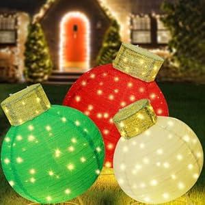 Giant Lighted Pop-Up Christmas Ornaments for Outdoor Display, 3-Piece Holiday Ball Decorations with 240 LEDs, Red/ Green/ White for Yard or Lawn
