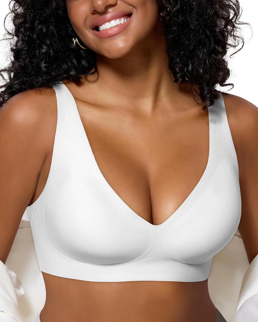 As Fairy Bras for Women Deep V Seamless Wireless Support Lift No Underwire Plunge Bralettes Full Coverage Push Up Bra (42DDD, White)