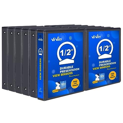 3 Ring Binder 1/2 Inch, ViVin Sturdy 0.5"-Round Ring Binder with 2 Interior Pockets, Clear View Cover, PVC-Free, Fits 100 Sheets of 8.5'' x 11'' Paper, Office Home School (12 Pack, Black)