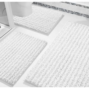 Yimobra Bathroom Rug Set 3 Piece - Super Absorbent Quick Dry Chenille Bath Mats & Toilet Rug, Non Slip Machine Washable, Extra Thick Shaggy Floor Mat for Shower Tub Sink, White