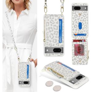 Cavor Compatible with Google Pixel 7 Case Wallet, Pixel 7 Crossbody Phone Case with Strap, Wallet Cover for Women,Leather Zipper Pocket Card Holder-Leopard White