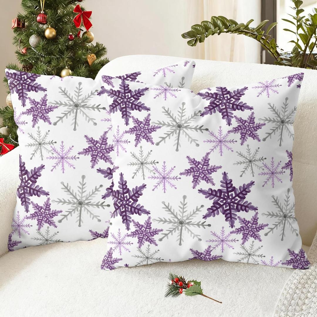 CaliTime Christmas Throw Pillow Covers Decorative 16 X 16 Inches Pack of 2 Cozy Fleece Snowflakes Cushion Cases for Holiday Couch Sofa Bed Living Room Home Purple Grey
