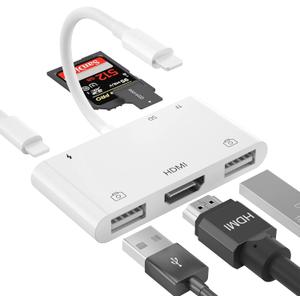 Lightning to HDMI Adapter with USB Camera and Charging Port, SD Card Reader for iPhone, 6 in 1 Camera Adapter to iPhone, Supports MIDI Keyboard, Mouse, HD TV/Projector/Monitor, Plug & Play