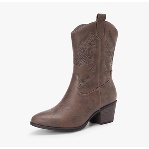 DREAM PAIRS Cowboy Boots for Women, Mid Calf Cowgirl Boots with Embroidery Round Toe Western Chunky Low Heel Shoe, Size 7, Brown  