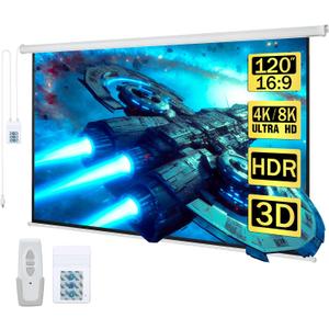 Kayle 120" Motorized Projector Screen Electric Diagonal Automatic Projection 16:9 HD Movies Screen for Home Theater Presentation Education Outdoor Indoor W/Wireless Remote, Wall/Ceiling Mount (White)