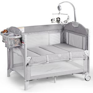 Rinnebbit Baby Bassinets Bedside Sleeper, 4 in 1 Portable Bedside Crib w/Thickened Mattress, Diaper Changer, Storage Basket, Music Box, Carry Bag, Foldable Playard Sleeper for Newborn (Light Gray)