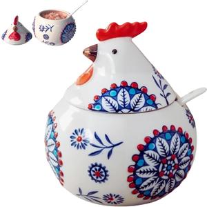 Ceramic Salt Cellar with Lid and Spoon | 13.5OZ Large Chicken Salt Container | Salt Cellar for Countertop | Salt Holder Jar for Counter Cookie Sugar Spices Candies Home Chicken Decor Rooster (Blue)