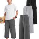 Langyiwee 3 Pack Boys Capri Pants Drawstring Elastic Waisted Teens Cargo Joggers Pull on Casual Sweatpants with Pockets(Dark Gray, Light Heather Gray, Black,13-14 Years)