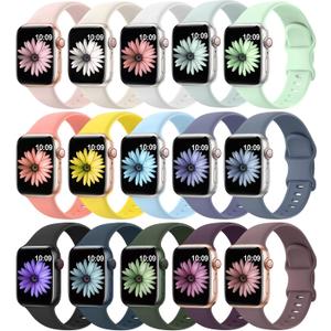 15 Pack Soft Silicone Bands Compatible with Apple Watch Band 40mm 41mm 38mm 45mm 44mm 42mm 46mm 49mm for Women Men,Sport iWatch bands Replacement Strap Wristbands for iWatch SE Series 10 9 8 7 6 5 4 3 (15pack-Novelty colors)