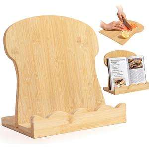 Scalloped Bamboo Cookbook Stand with Removable Cutting Board, Adjustable Recipe Holder & Charcuterie Board, 2-in-1 Kitchen Counter Decor and Serving Tray