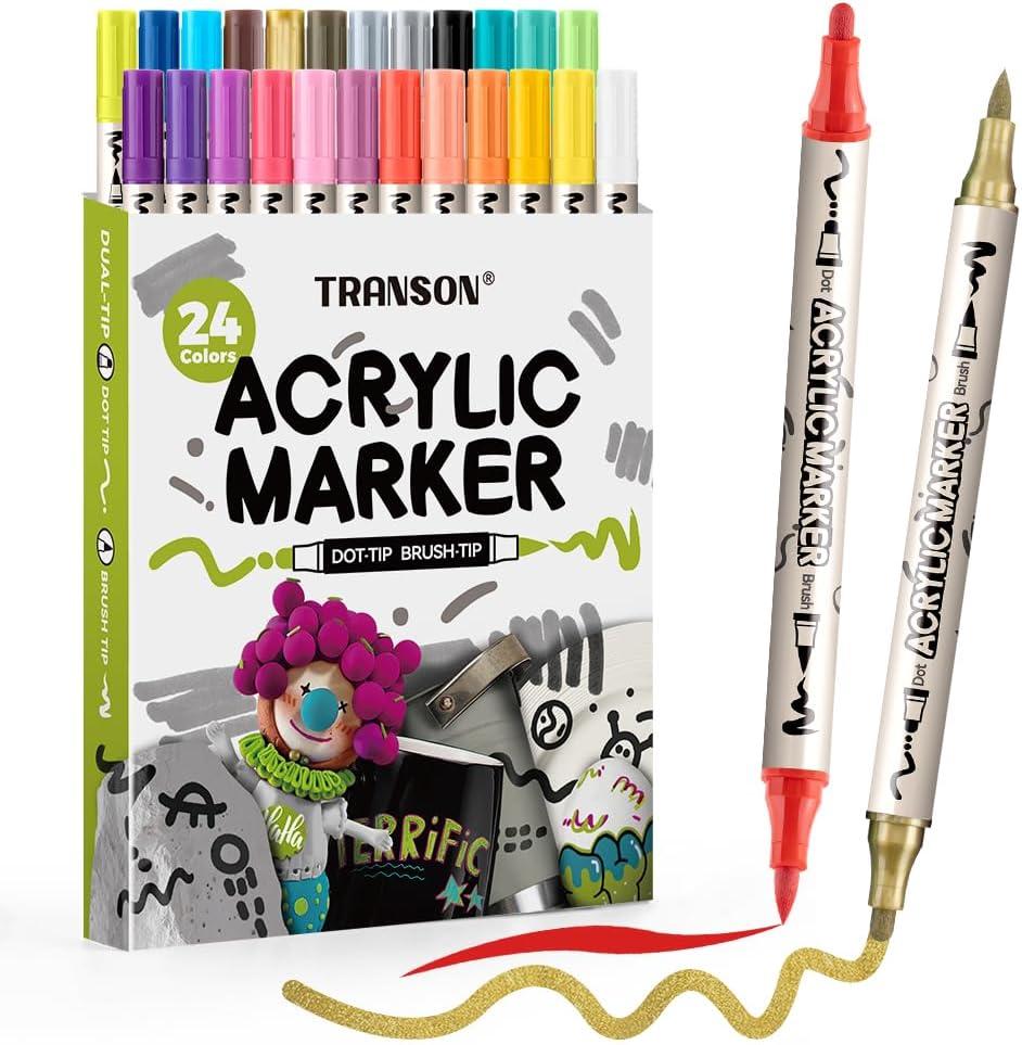 TRANSON 24 Colors Bold and Brush Dual-tip Acrylic Paint Marker Pen for Canvas Rock Wood Leather Ceramic DIY Painting