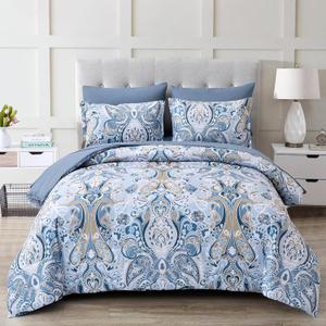 Drucon Blue Paisley Comforter Set Queen, 7 Pieces Bed in a Bag Boho Comforter Soft Microfiber Blue Paisley Bedding(1 Comforter, 1 Flat Sheet, 1 Fitted Sheet, 2 Pillow Shams, 2 Pillowcases)