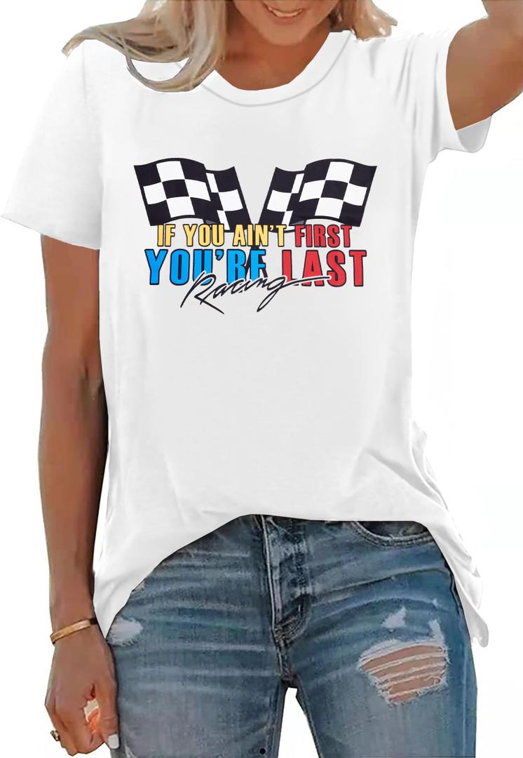 Racing Shirt Women Race Day Checkered Flag Printed Tshirt Car Race Team Lover Shirt Raceday Short Sleeve Tee Tops