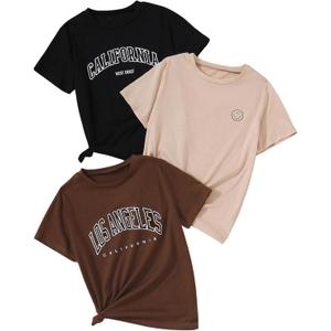 SHENHE Girl's Graphic Tees Crew Neck Short Sleeve Cute Summer Tops 3 Packs T Shirts (Black)