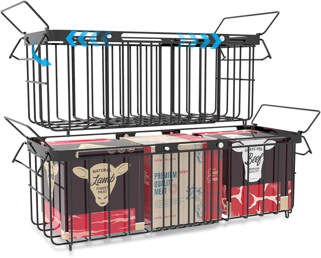 Freezer Organizer Bins, 2 Pack Expandable Stackable Hangable Chest Freezer Containers with Handles, Adjustable From 10.3" to 14.2" Storage Baskets for Fridge, Deep Freezer, Cabinet, Pantry, Kitchen, Black (Large) 