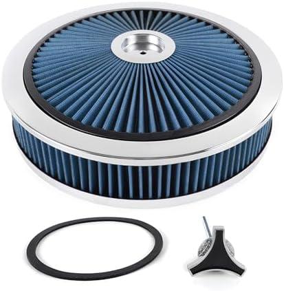 14" X 3" Round Air Cleaner Filter Assembly Kit With High- Flow Thru Lid Washable & Reusable for Caburetor Lid 5-1/8" Carb Neck Compatible with Ford/GMC/Chevy SBC BBC (BLUE)