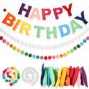 3 Pcs 118 Inch Pre Strung Happy Birthday Banner Felt Fabric Ball Garland Reusable Rainbow Birthday Garland Happy Birthday Banner Sign for Party Decor