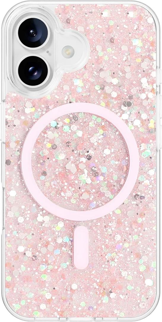 for iPhone 16 Plus Case, Clear Glitter MagSafe Compatible, Bling Sparkly Girly Case for iPhone 16 Plus, Magnetic Protective Phone Cover, Pink Glitter, Andromeda