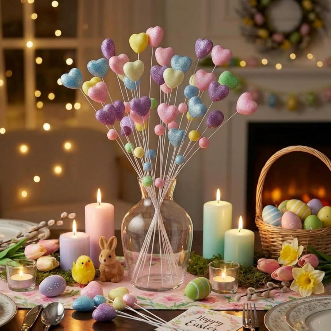 Suncalla 6 Pack Easter Tree Decorations Pastel Spring Decoration Easter Picks and Sprays Colorful Glitter Foam Hearts Picks for Vase Decor DIY Wedding Bouquet Flower Arrangement Home Centerpiece