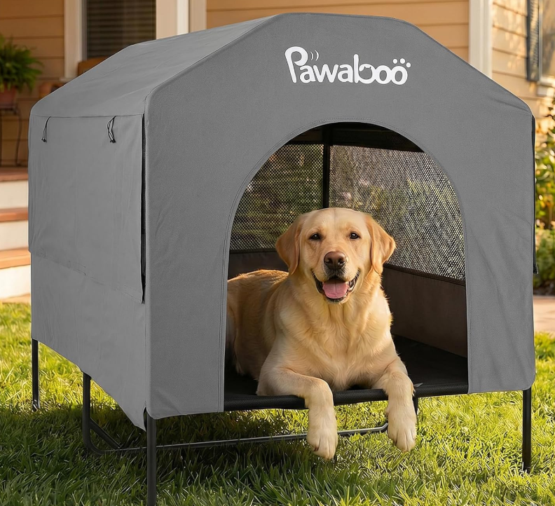 Pawaboo 47'' XL Weatherproof Dog House For Medium & Large Breeds – Elevated Dog Bed With Breathable Mesh Windows, Indoor/Outdoor All-Season Large Dogs Shelter, Grey