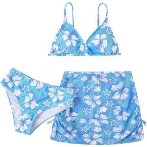 COZYEASE Girls' 3 Piece Set Floral Print Bikini Swimsuit with Drawstring Beach Skirt Cute Ruched Bathing Suit (11 Years, Multicolor Blue)