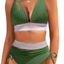 Women's Bikini Sets V Neck 2 Piece Swimsuits High Waisted Color Block Drawstring Bathing Suits Tummy Control Swimwear (X-Large, Army Green)