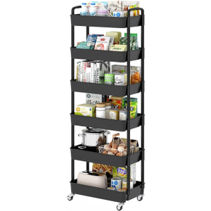 Sywhitta 6-Tier Plastic Rolling Utility Cart with Handle, Multi-Functional Storage Trolley for Office, Living Room, Kitchen, Movable Storage Organizer with Wheels, Black