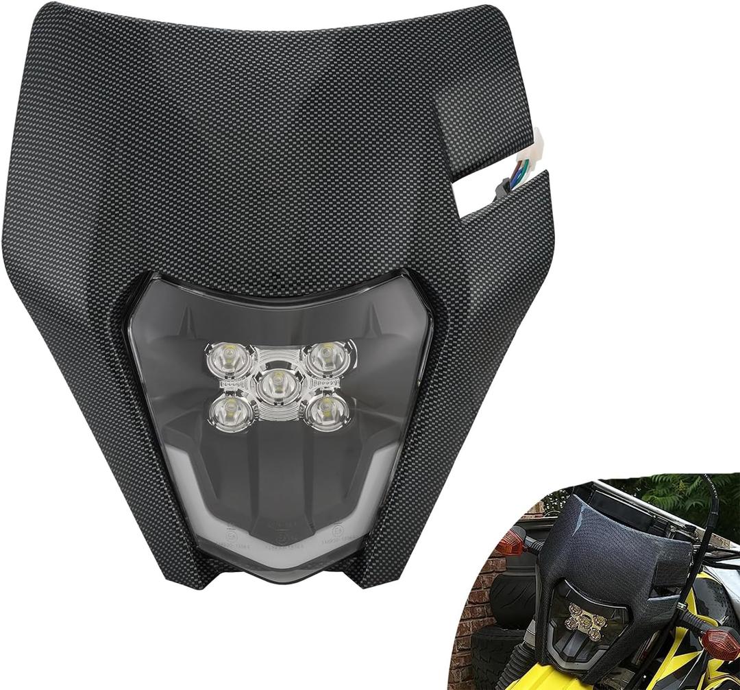 JFG RACING Dirt Bike Headlight,Universal Dirtbike Pit Bike LED Head Light Assembly Kit for Most Dirt Pit Bike Motorcycle Enduro Supermoto EXC XC XCF CRF CR DRZ YZF KLX- Imitation Carbon Fiber