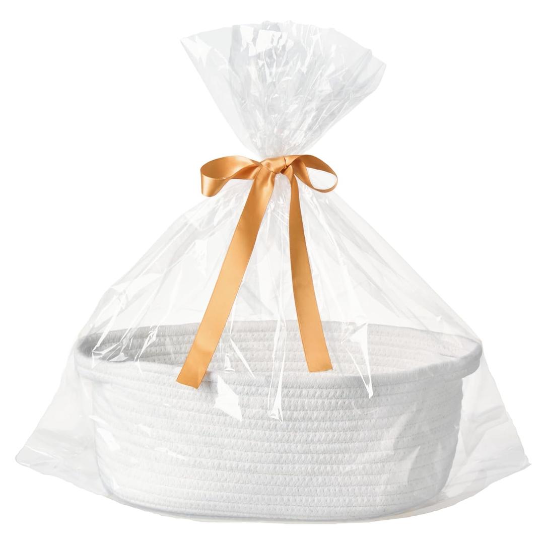 Small Woven Gift Basket Empty with Bag & Ribbon - Gifts for Mom, Baby Shower, Birthdays & Raffle - Cotton Rope Storage Basket for Dog Toys or Shelf - 12"x8"x5", White
