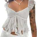 Women Lace Tank Top Cap Sleeve Vintage Floral Sheer Blouse (White, S)