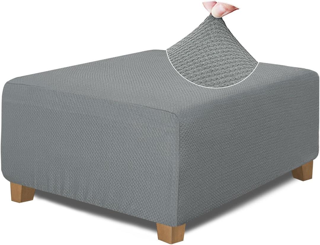 NeColorLife Square Ottoman Cover Jacquard Fabric Thick Stretchable Slipcover for Oversized Square Ottoman Furniture Protector,XLarge,Grey