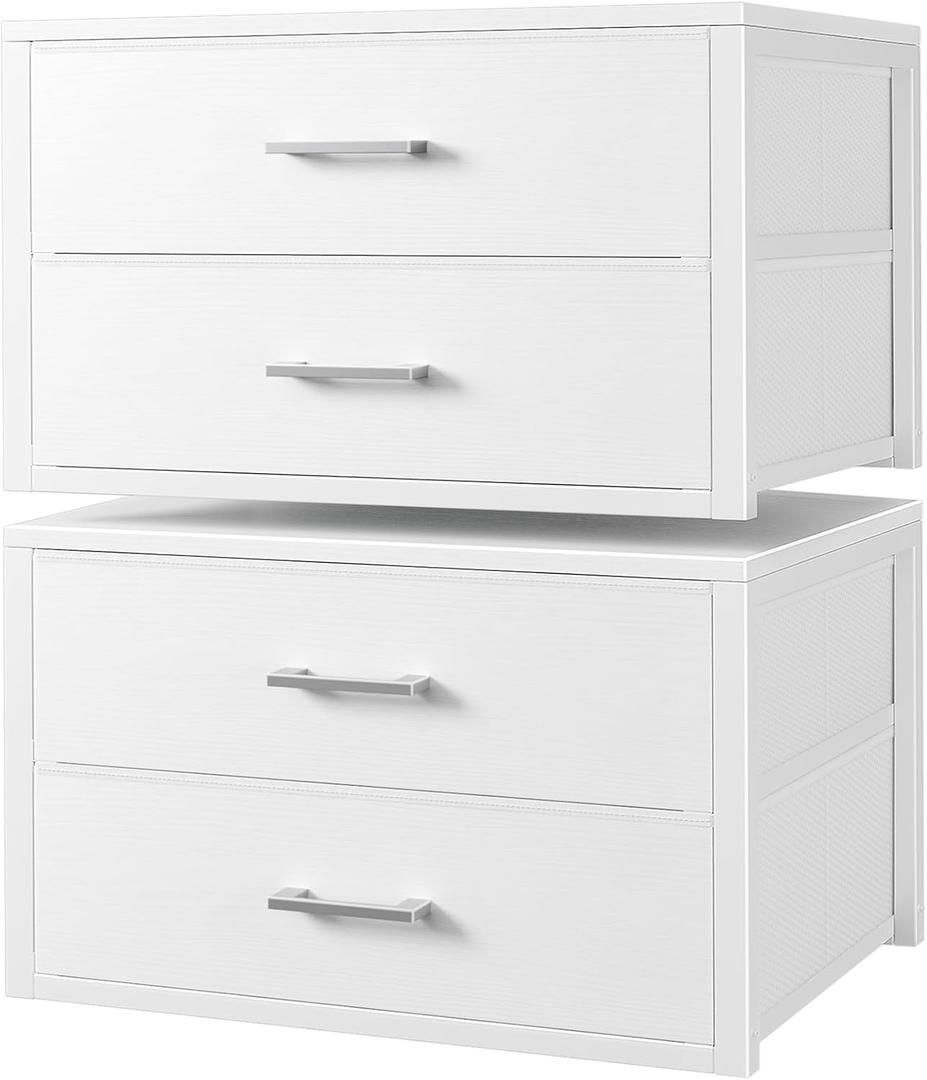 BOLUO Stackable Storage Drawers Closet Organizers and Storage Fabric White 2 Drawer Dresser for Bedroom 2 Packs Modern