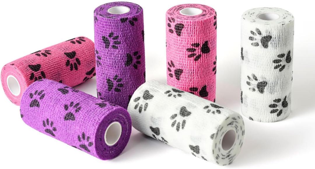 WePet Pet Wrap, Self-Adhesive, Only Sticks to Itself, Non-Woven Tape for Dog Legs, Paws, Wounds, First Aid Cohesive Gauze for Horse, Cat, Bird, Animal, 6 Rolls, 4 Inch, Pawprints B (Pawprints B, 2 of Each Color)