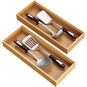 Bamboo Drawer Organizer, Stackable Utensil Trays for Kitchen, Wood Silverware Organizer for Drawer, Set of 2-15"x6"x2"