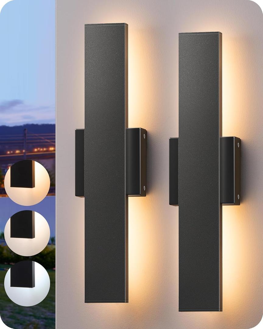 EDISHINE 2 Pack LED Outdoor Wall Lights Dimmable, 3000K 4000K 5000K, 15.7" Modern Black Outdoor Wall Sconce, IP65 Waterproof, Linear Exterior Wall Light for Entrance, Hallway, Garage, Porch