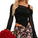 OYOANGLE Women's Long Sleeve Shirt Mesh Crop Top Asymmetrical Hem Crop Blouse Y2K Going Out Top Club Party (Black)