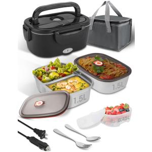 Electric-Lunch-Box-Heated-Food Warmer, 80W Heating Lunchbox for Adults, 2 Pack 1.5L Stainless Steel Containers, 12/24/110V Lonchera Elctrica Porttil for Work/Car