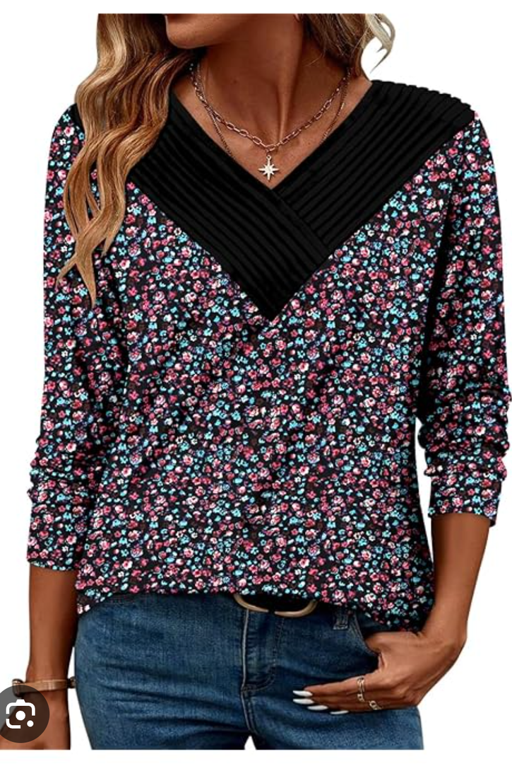 Women's Blouses with Long Sleeves V Neck Loose Fit Casual Pullover Tunic Tops Size Medium 