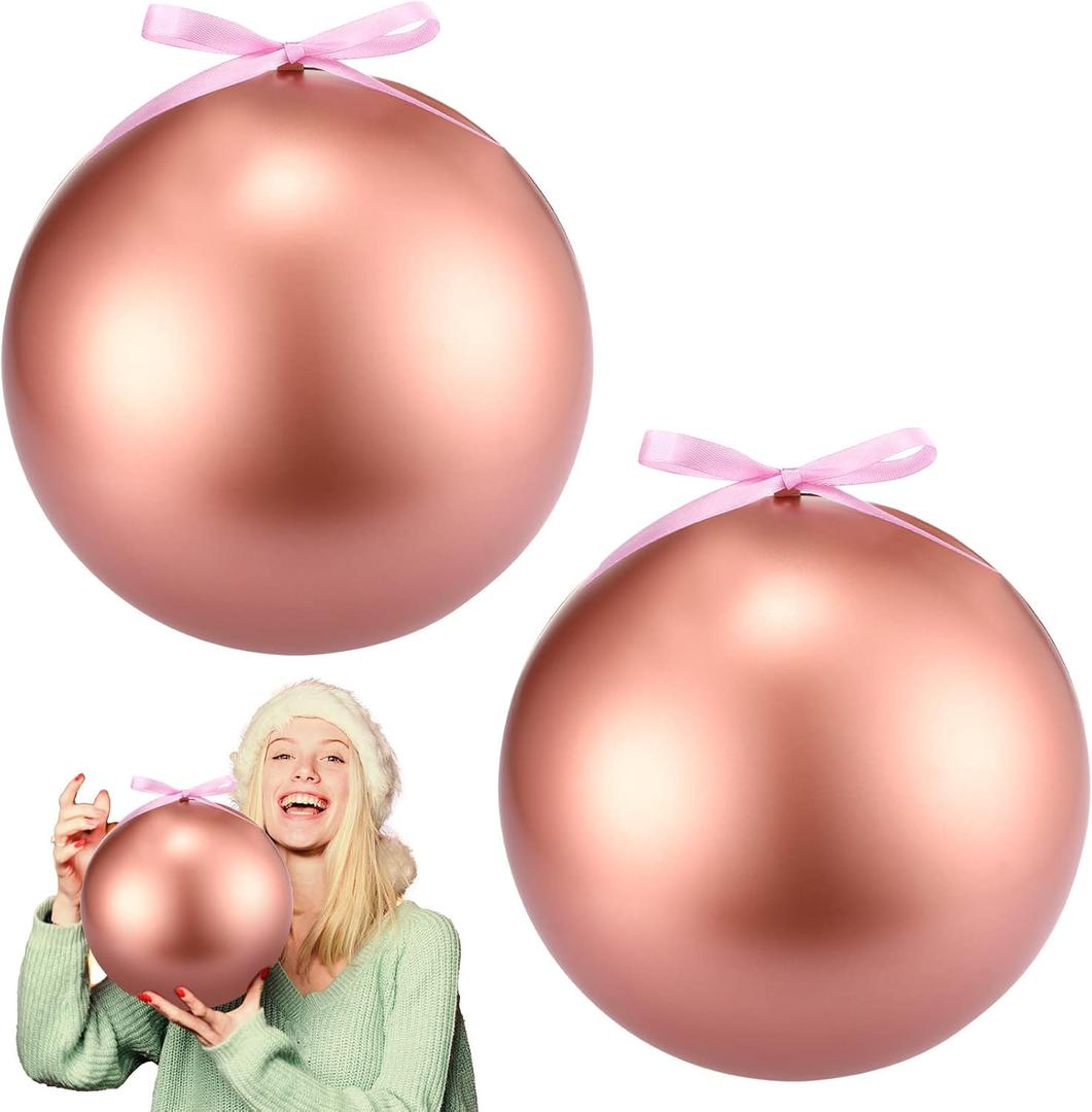 Zubebe 2 Pcs 8" Giant Fillable Christmas Ornaments with Ribbons Oversized Plastic Xmas Balls for Outdoor Lawn Yard Decor, Tree Hanging, Holiday Gifts(Matte Rose Gold)