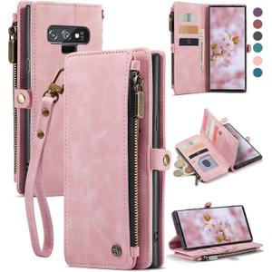 Defencase Compatible with Galaxy Note 9 Case Wallet with RFID Blocking Card Holder for Women Men, PU Leather Magnetic Snap Flip Zipper Strap Phone Case Fit for Samsung Galaxy Note 9, Rose Pink