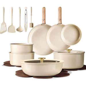 CAROTE 22PCS Pots and Pans set Non Stick, Ceramic Cookware Set, RV Kitchen Cooking Set Removable Handles, Oven Safe, Induction Coolware, Non-toxic Kitchen Cooking Set, PFAS and PFOA Free (Oatmeal)