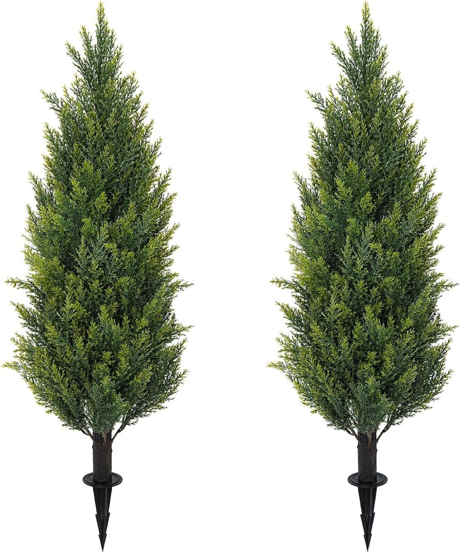 3FT Artificial Cedar Topiary Trees with Ground Spike, Set of 2 Faux Cypress Plants UV Resistant Artificial Pine Shrubs Fake Bushes for Outdoor Indoor Front Porch Garden (35 inch)