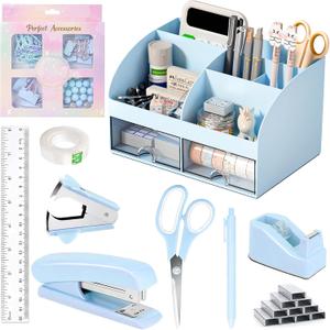 Desk Accessories with Pen Holder, Office Supplies Desk Organizers and Accessories, Tape Dispenser, Stapler, Staple Remover, Staples, Clips Set, Ruler, Scissor, Pen, Tape (Blue)