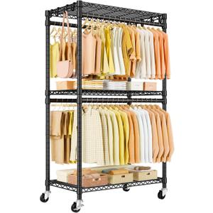 P5 Rolling Clothes Rack, Clothing Racks for Hanging Clothes, Black
Heavy Duty Garment Rack with Wheels, 3-Tier Shelves, Portable Closet Racks 39.4'' W × 20.5'' D × 80.5'' H, Max Load 650 Lbs