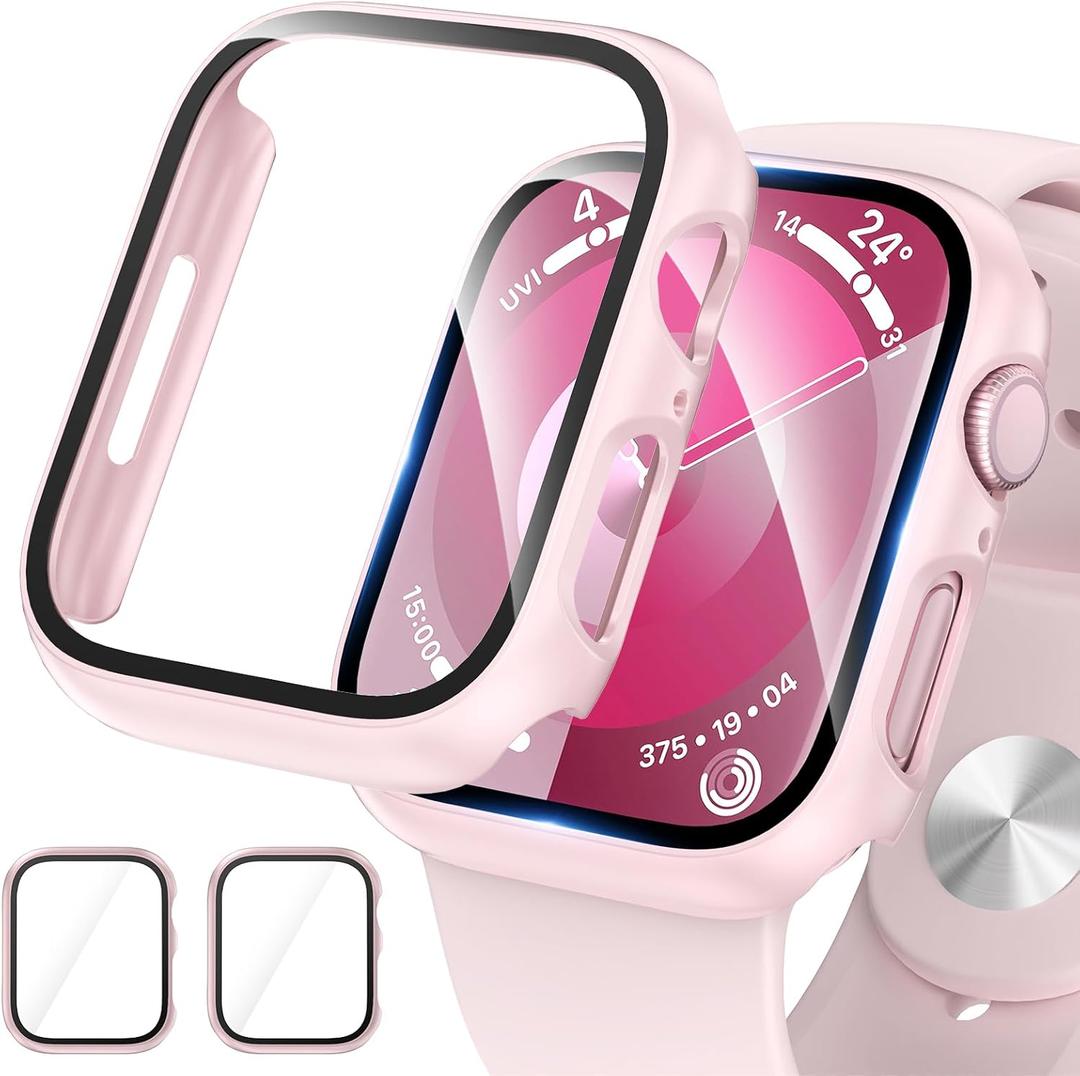 2 Pack Hard PC Case for Apple Watch Series 9 Series 8/7 45mm Screen Protector, EWUONU Tempered Glass Film Hard Bumper Anti-Scratch HD Ultra-Thin Protective Cover for iWatch Series 9/8/7 45mm, Pink