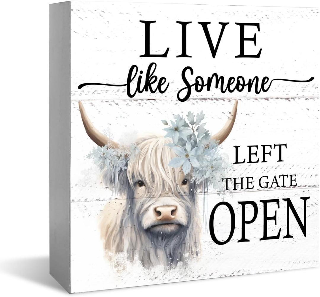Highland Cow Bathroom Decor, Western Cow Wood Box Signs Desk Shelf Decoration, Western Bathroom Decor, Live Like Someone Left The Gate Open 5x5 Inch