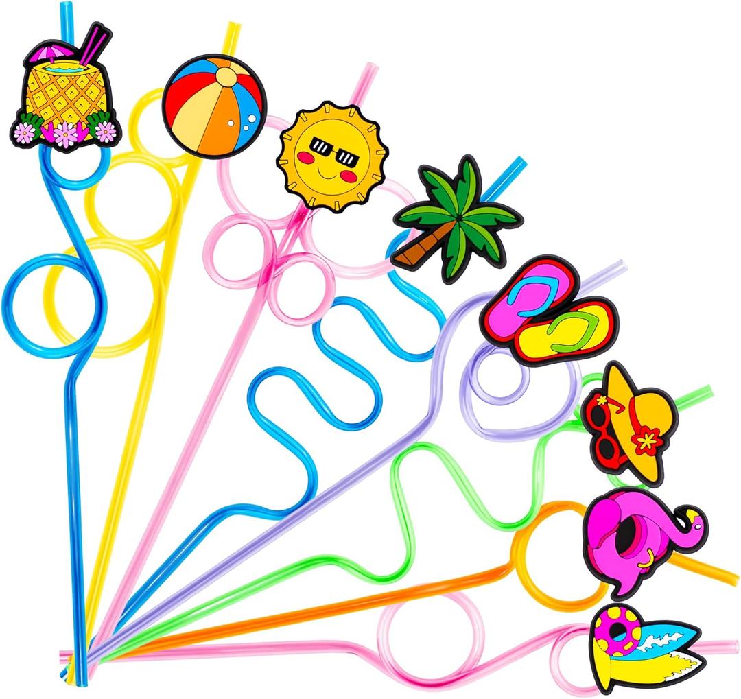 24 PCS Summer Drinking Crazy Straws for Kids Beach Ball Pool Flamingo Summer Themed Birthday Party Supplies Favors Decorations with 24 PVC Cute Charm, 2 Cleaning Brushes Reusable Straw