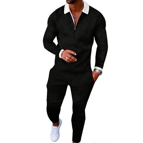 Kubsid Size S Black with White Collar Men's Polo Sweatsuit Sets Long Sleeve 2 Piece Outfit Fashion Jogging TrackSuit Comfy Casual Set for Men