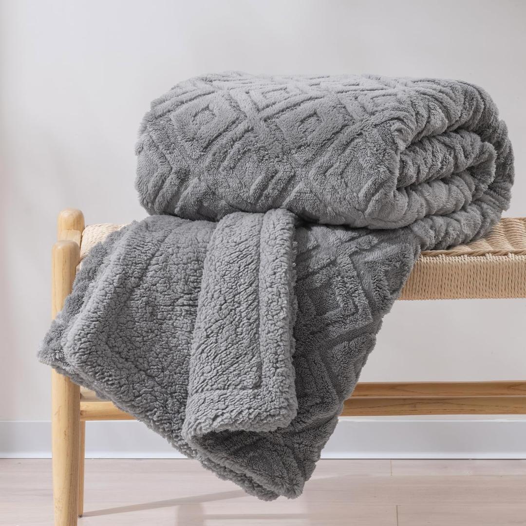 EverGrace Jacquard Boho Sherpa Fleece Throw Blanket for Couch, Super Soft Cozy Fuzzy Plush Blankets for Winter, Reversible Thick Warm Blanket for Bed, Sofa, Living Room, Grey, 60" x 80"