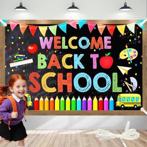 2 x Back To School Backdrop 72x44 Inch Welcome Back To School Decorations Banner First Day of School Banner with 4 Grommets Classroom Poster Bulletin Board Supplies with 19.68 Ft Rope